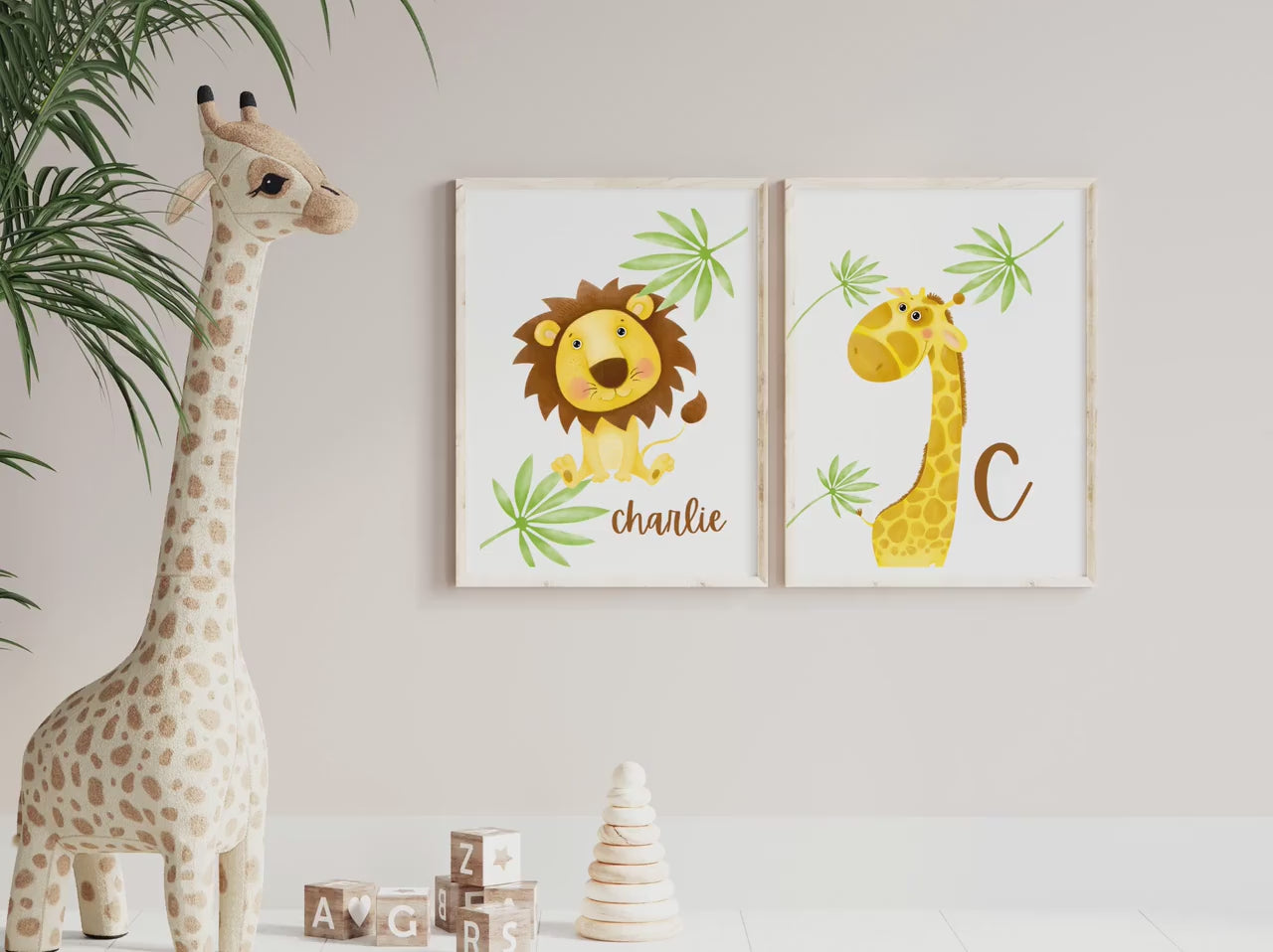 Personalized Jungle Animal Tropical wall art set of 2 prints, Personalized name Tropical Lion and giraffe nursery wall art prints, kids art