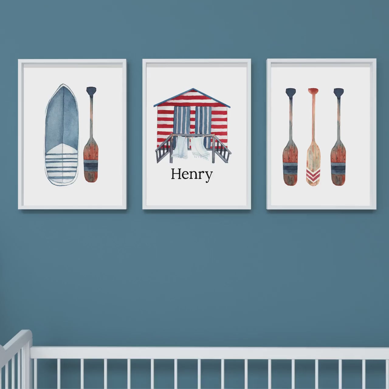 Personalized Beach Hut Nursery wall art set of 3 prints, Surfboard art prints, nautical nursery wall art with name, baby shower gift