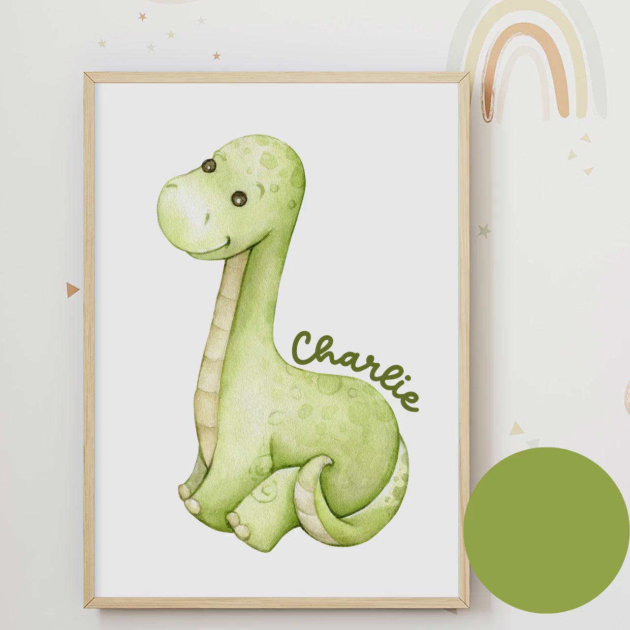 Personalized Watercolor green dinosaur wall art print, Baby name sign, nursery name sign, dinosaur art. green nursery decor, green wall art