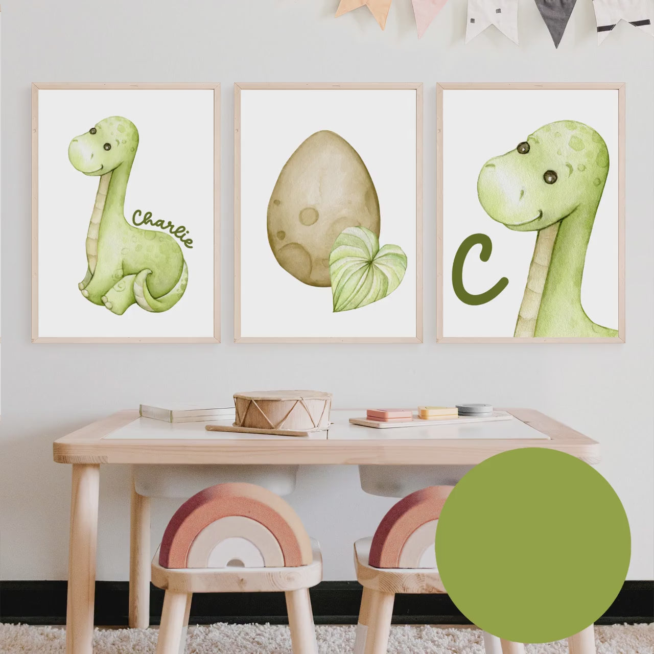 Personalized Dinosaur wall art set of 3 prints, printed and shipped art prints, dinosaur nursery wall art set, nursery name sign, wall decor