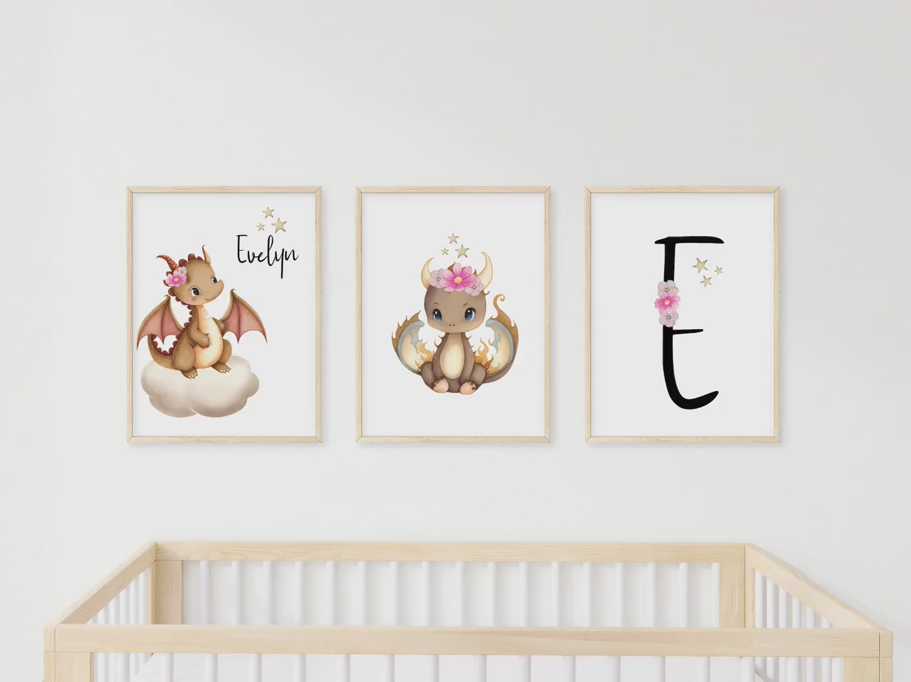 Personalized Floral Dragon watercolor wall art set of 3 prints, Personalized girl's dragon nursery wall art prints with name, baby name sign