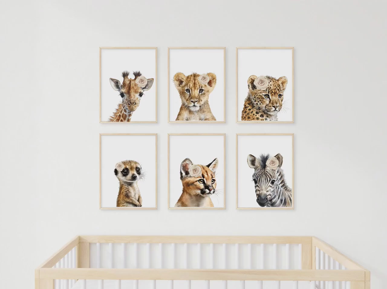 Baby Jungle Animals Nursery wall art set of 6 prints, safari animals wall art, floral jungle animal art print set, Jungle nursery decor