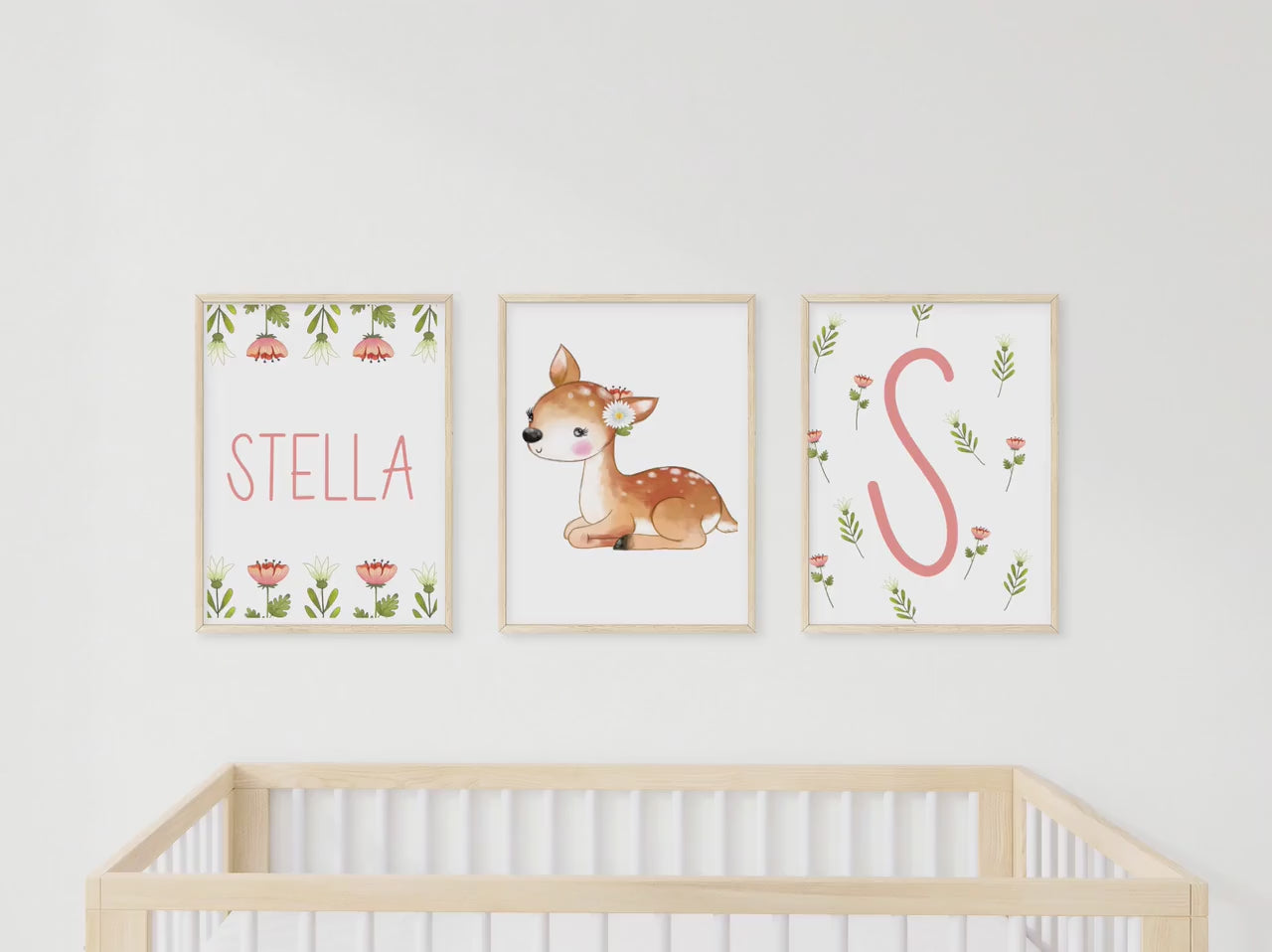 Personalized woodland deer floral wall art set of 3 prints, Personalized boho deer nursery wall art prints with name, mauve nursery wall art