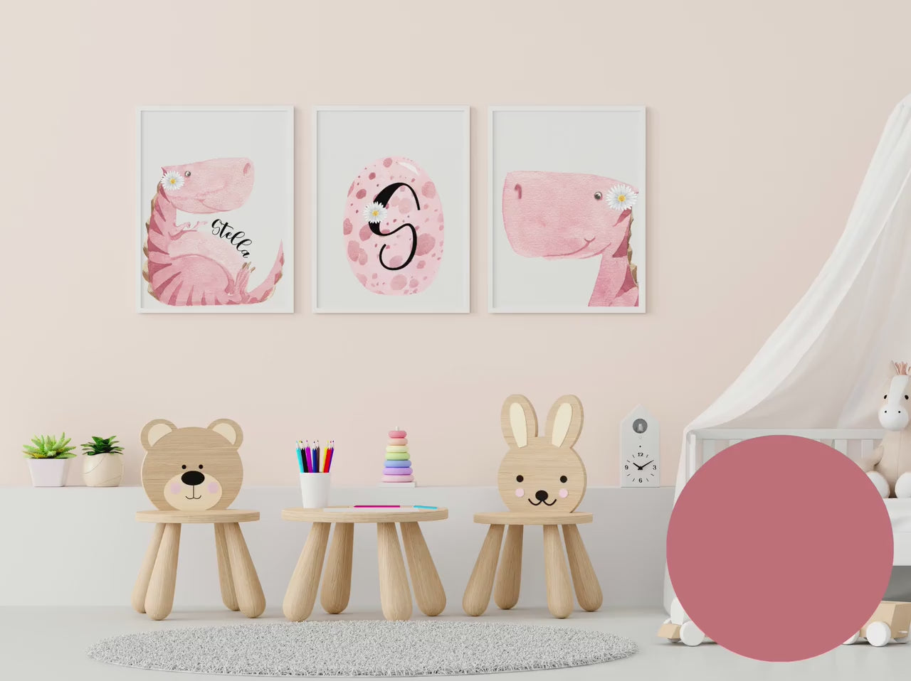 Personalized Pink Dinosaur wall art set of 3 prints, dinosaur nursery wall art set with name, pink nursery decor, dinosaur art, baby gift