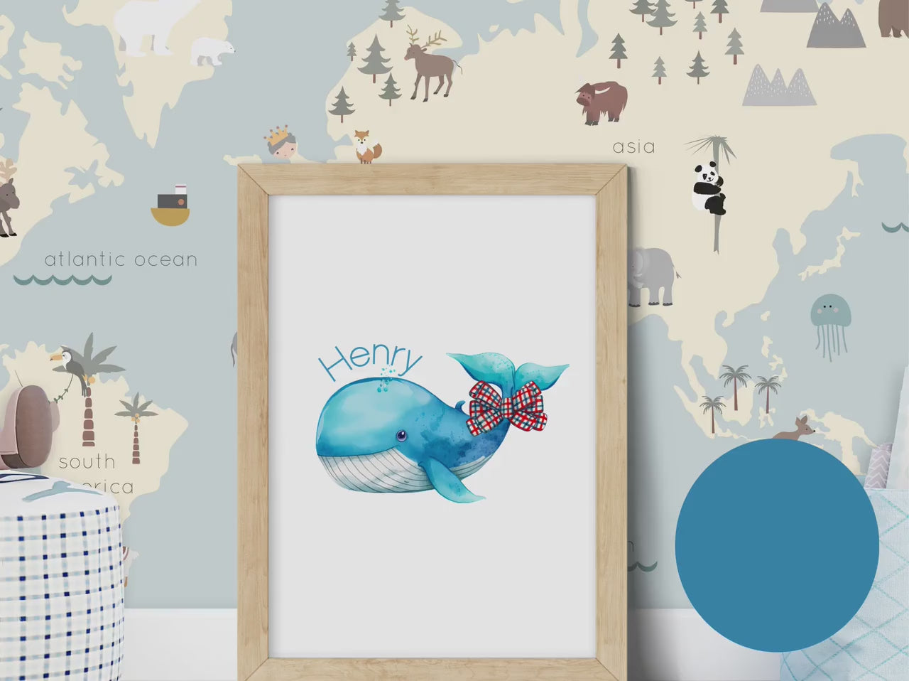 Personalized Watercolor Blue Whale Nursery wall art print, Cute Whale with Nursery art print with name, ocean nursery decor, baby name sign