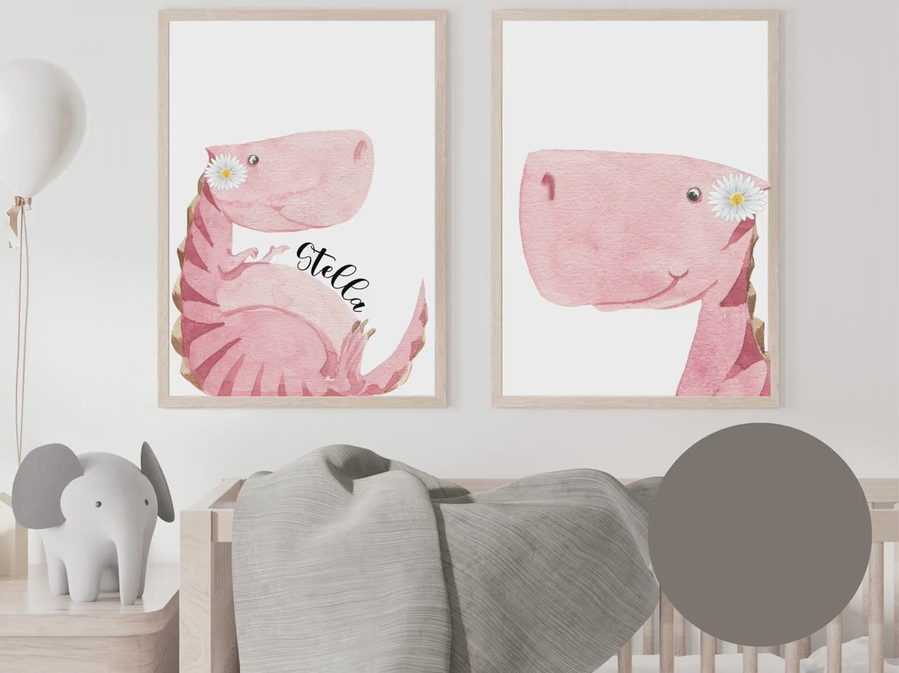 Personalized pink dinosaur wall art set of 2 prints, Pink dinosaur nursery wall art with name, Baby shower gift, dinosaur nursery decor gift