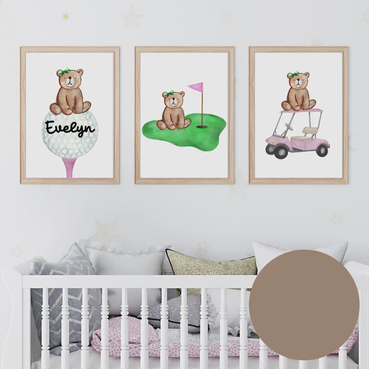 Personalized Pink Golf wall art set of 3 prints, custom personalized woodland bear golf wall art set, Pink nursery name sign, kids name sign