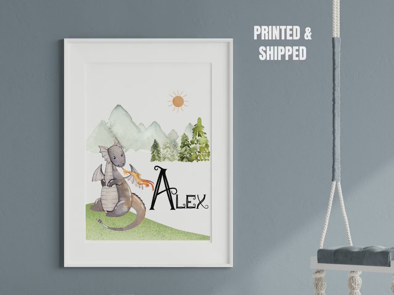 Personalized Dragon Nursery Wall Art Print, custom dragon nursery art print with name, kids personalized dragon wall art print, dragon art