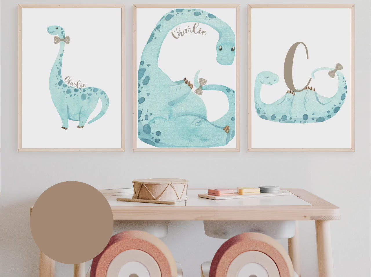 Personalized Blue Dinosaur with bow tie wall art set of 3 prints, dinosaur nursery wall art with name, dinosaur nursery decor, baby gift