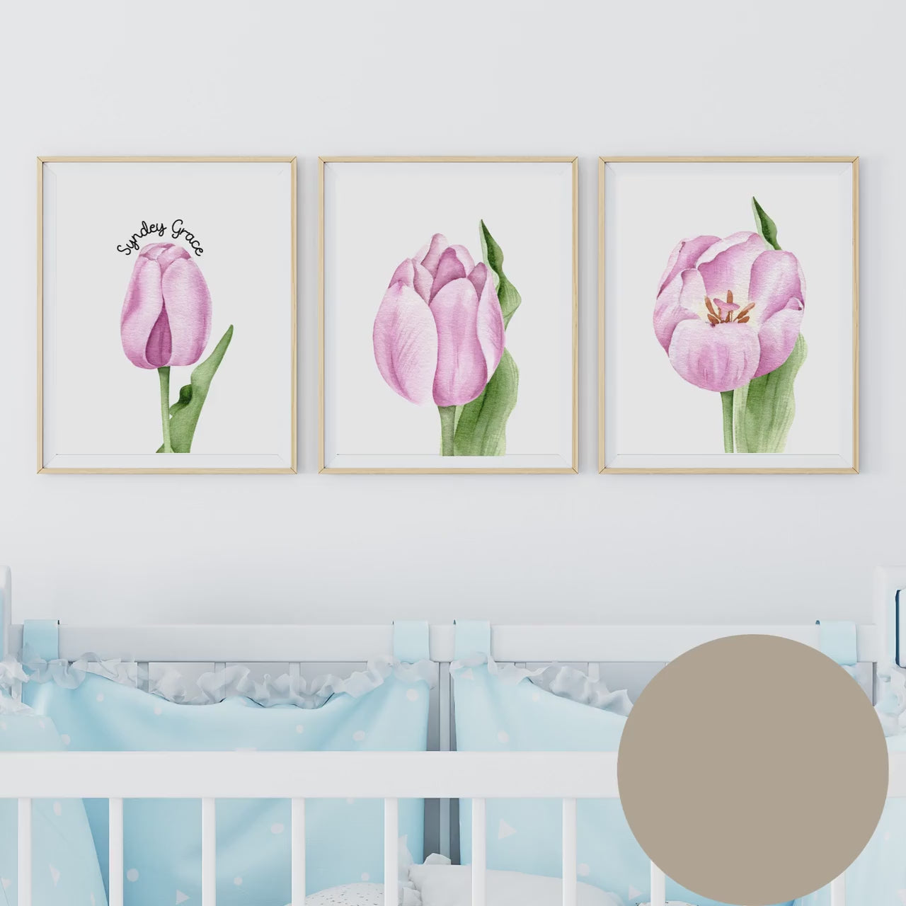 Personalized Pink Tulip Nursery wall art set of 3 prints, pink tulip wall art with name, floral nursery decor, baby shower gift, tulip art