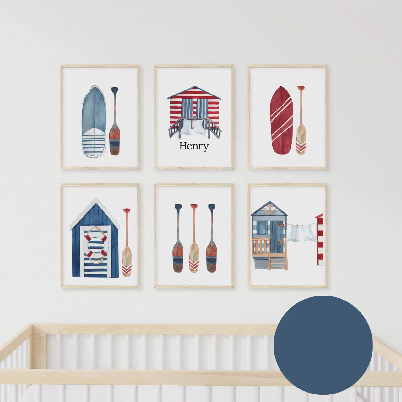 Personalized Beach Hut wall art set of 6 prints, surf board wall art prints, kids wall art, baby wall art, nursery wall art, baby name sign