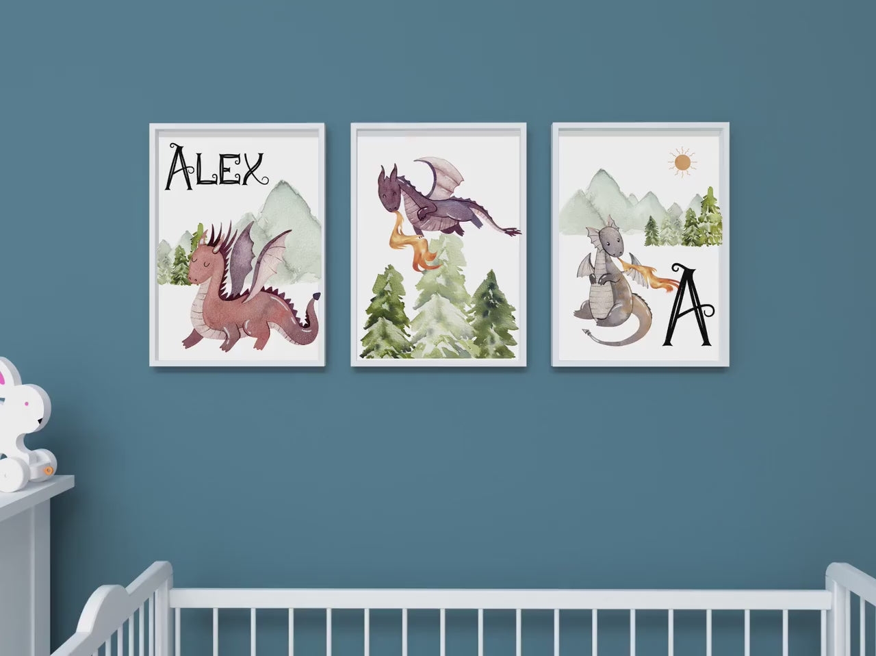 Personalized Dragon watercolor wall art set of 3 prints, Personalized cute dragon nursery wall art prints with name, nursery name sign