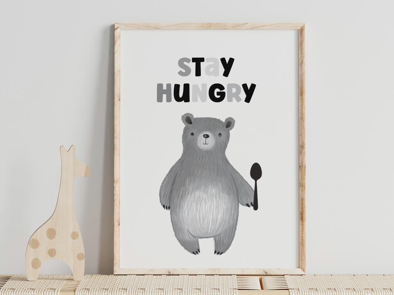 Stay Hungry Woodland Bear Nursery wall art print, boho bear nursery wall art, boho bear kids wall art, black white gray boho wall art print