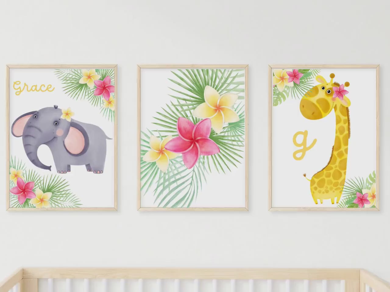 Personalized Jungle Animal Tropical wall art set of 3 prints, Personalized name Tropical Floral elephant and giraffe nursery wall art prints