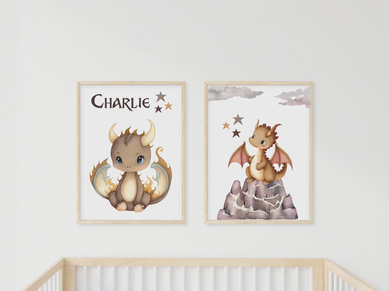 Personalized Dragon wall art set of 2 prints, Personalized nursery wall art prints, personalized kid's dragon wall art print set, dragon art